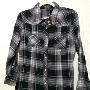 NEW....Guess Black Plaid Button-Up Shirt...SIZE:L